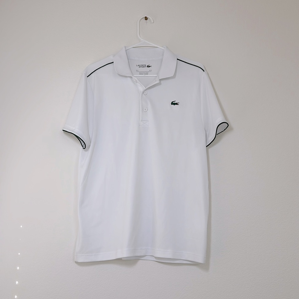 Lacoste Ultra-Dry Athletic Polo, White with Green Piping, Size M